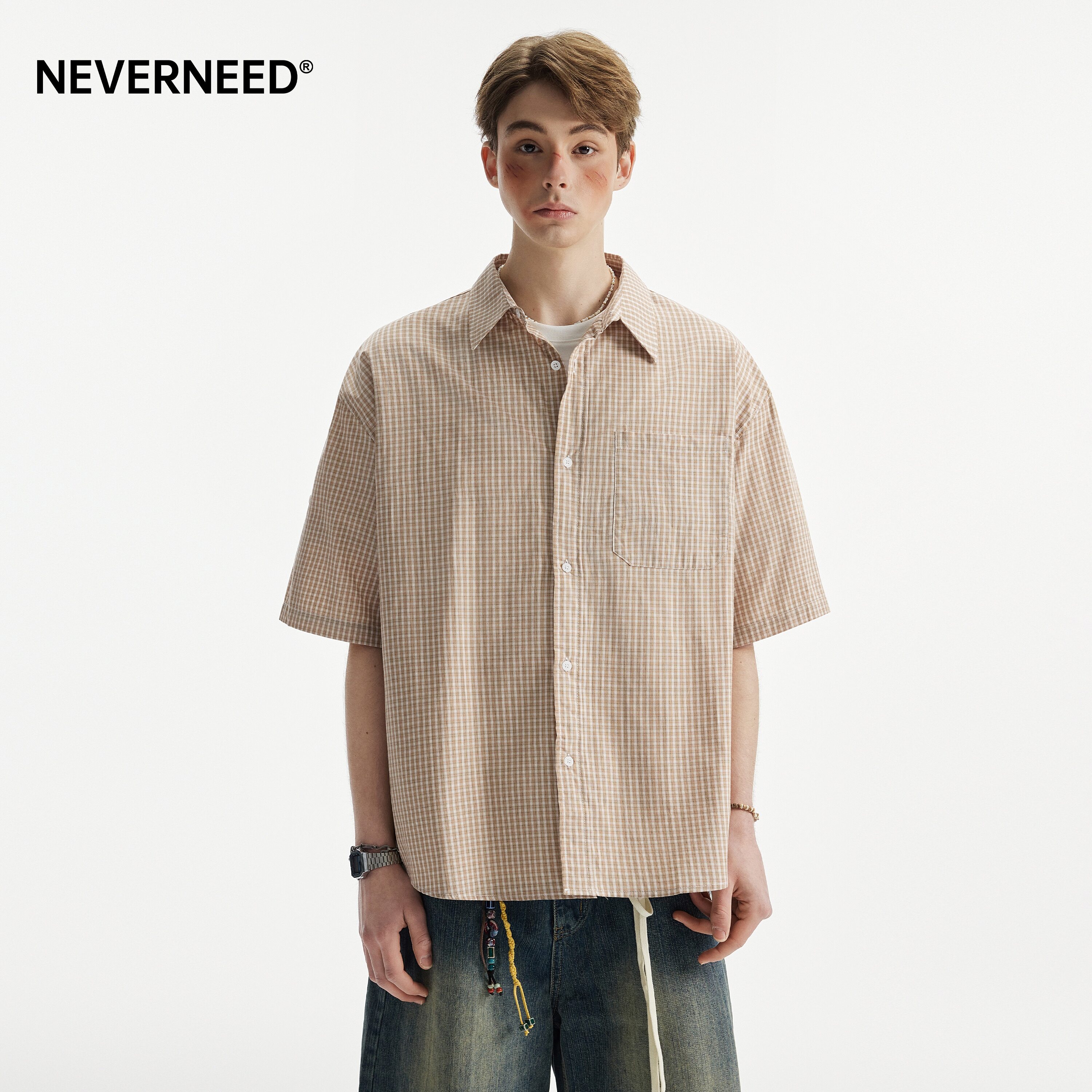 NEVERNEED格纹短袖翻领衬衫男图片