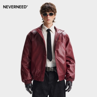 NEVERNEED复古PU皮翻领棉衣男
