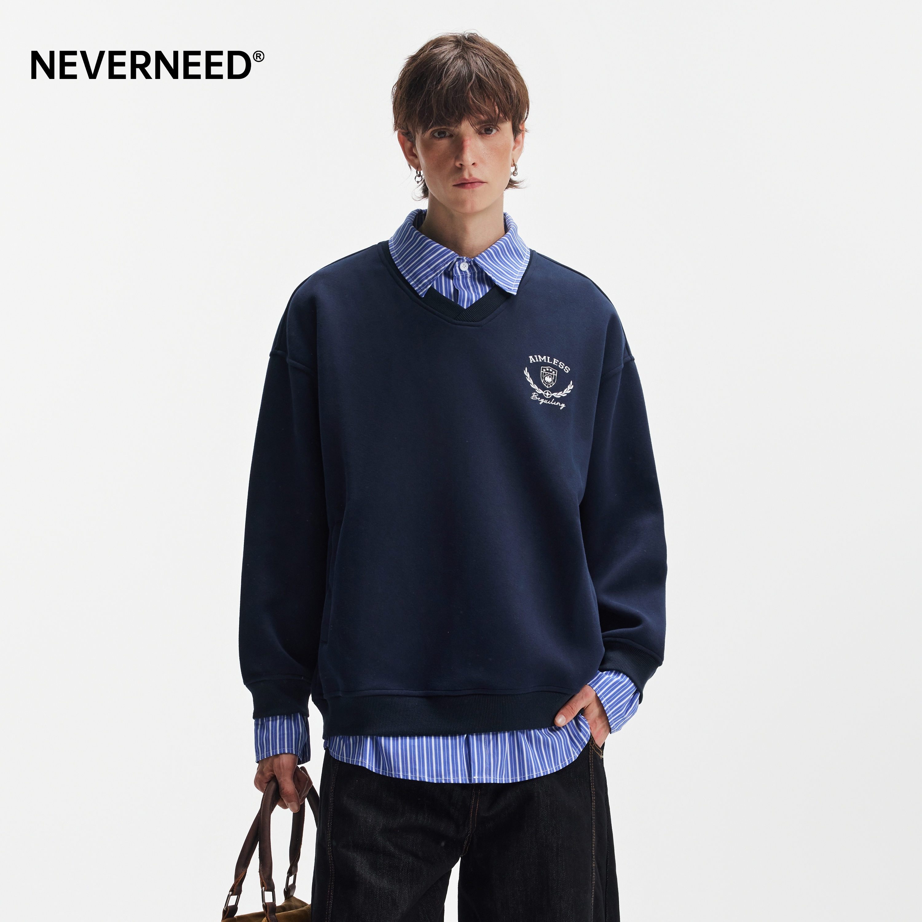 NEVERNEED假两件衬衫领卫衣男