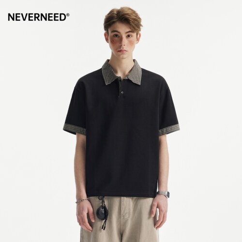 NEVERNEED拼接格子翻领T恤男女