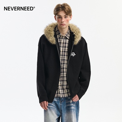 NEVERNEED可拆卸毛领连帽毛衣男