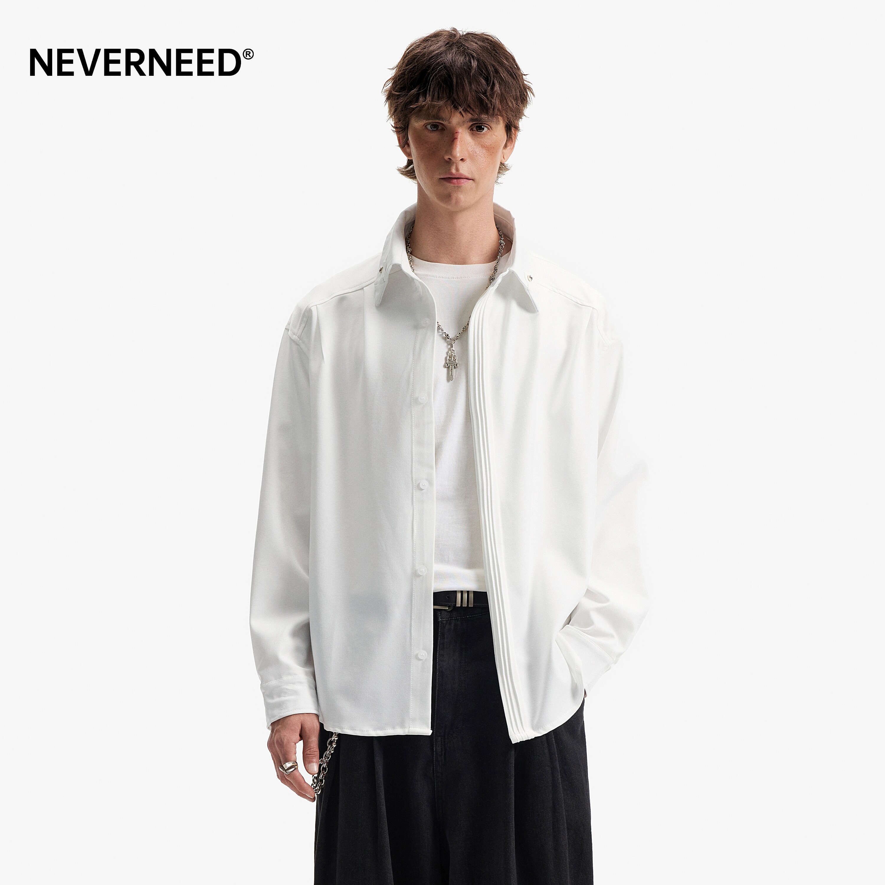 NEVERNEED纯色翻领长袖衬衫男女图片