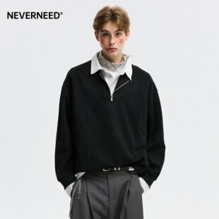 NEVERNEED假两件POLO领卫衣男秋季 cleanfit学院风半拉链上衣 美式