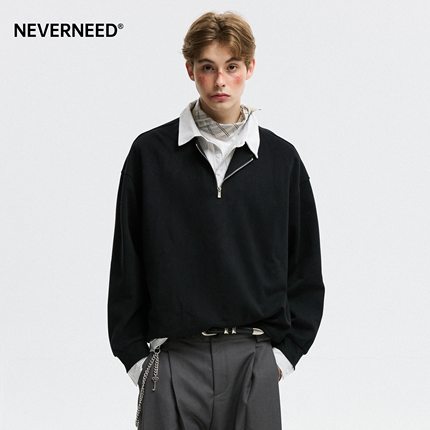 NEVERNEED假两件POLO领卫衣男秋季美式cleanfit学院风半拉链上衣