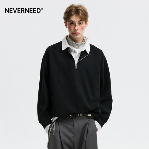 NEVERNEED假两件POLO领卫衣男女