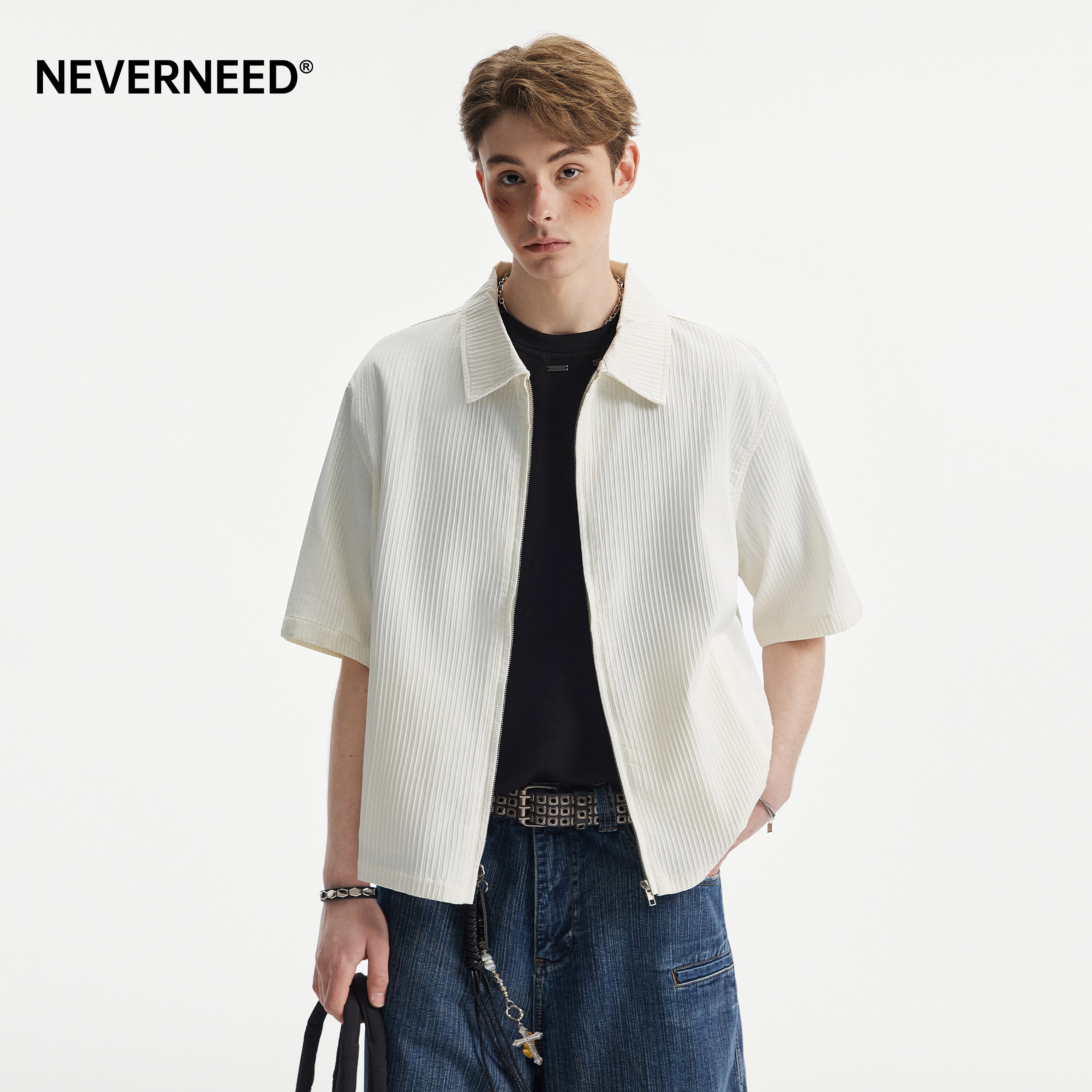 NEVERNEED肌理感条纹短袖衬衫男图片