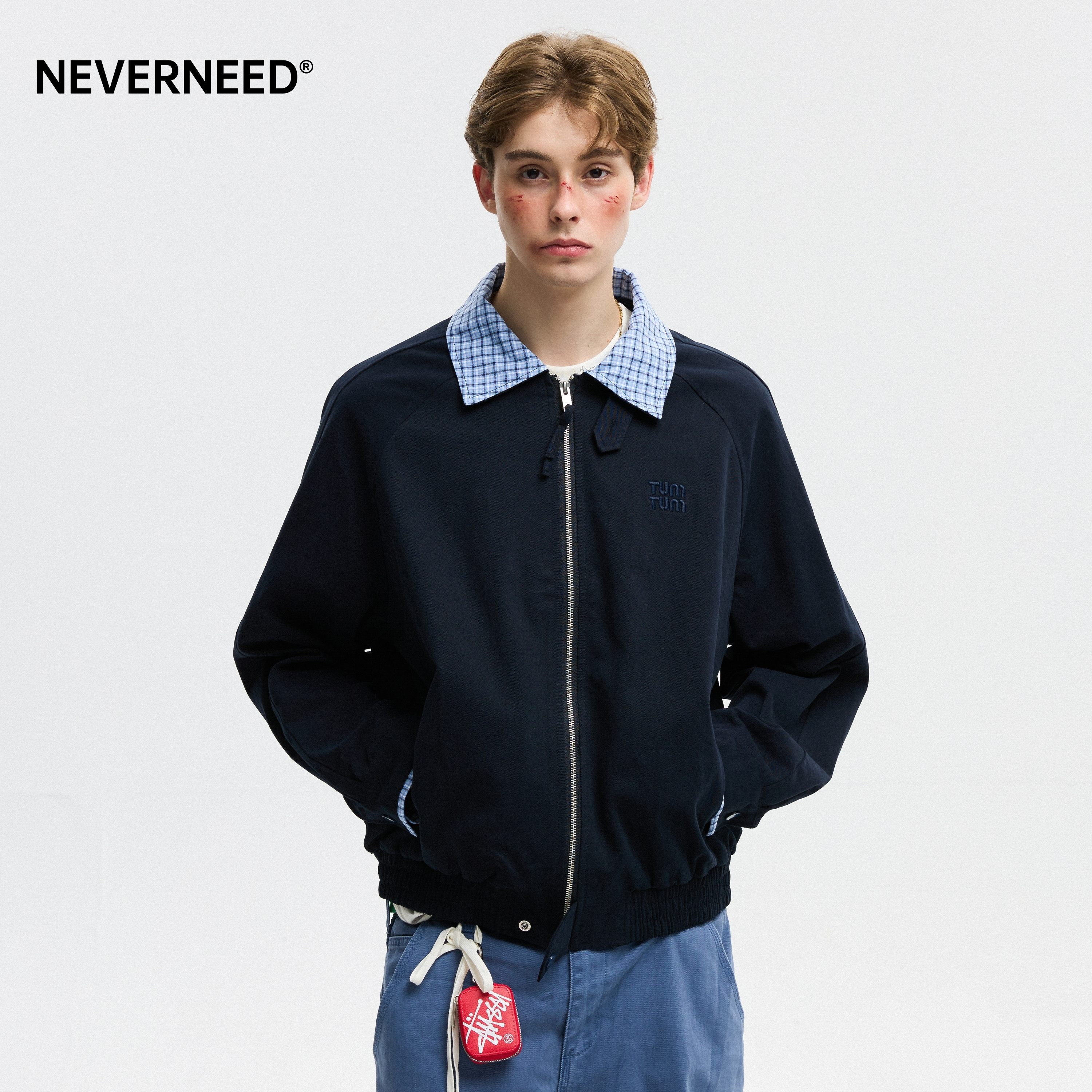 NEVERNEED假两件格纹翻领夹克男图片