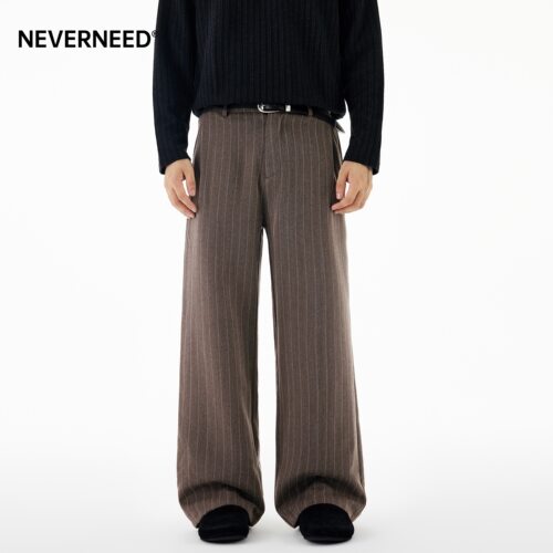 NEVERNEED条纹直筒休闲裤男女秋