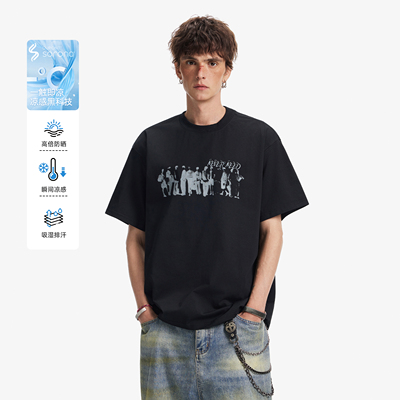 NEVERNEED复古印花短袖T恤男女夏