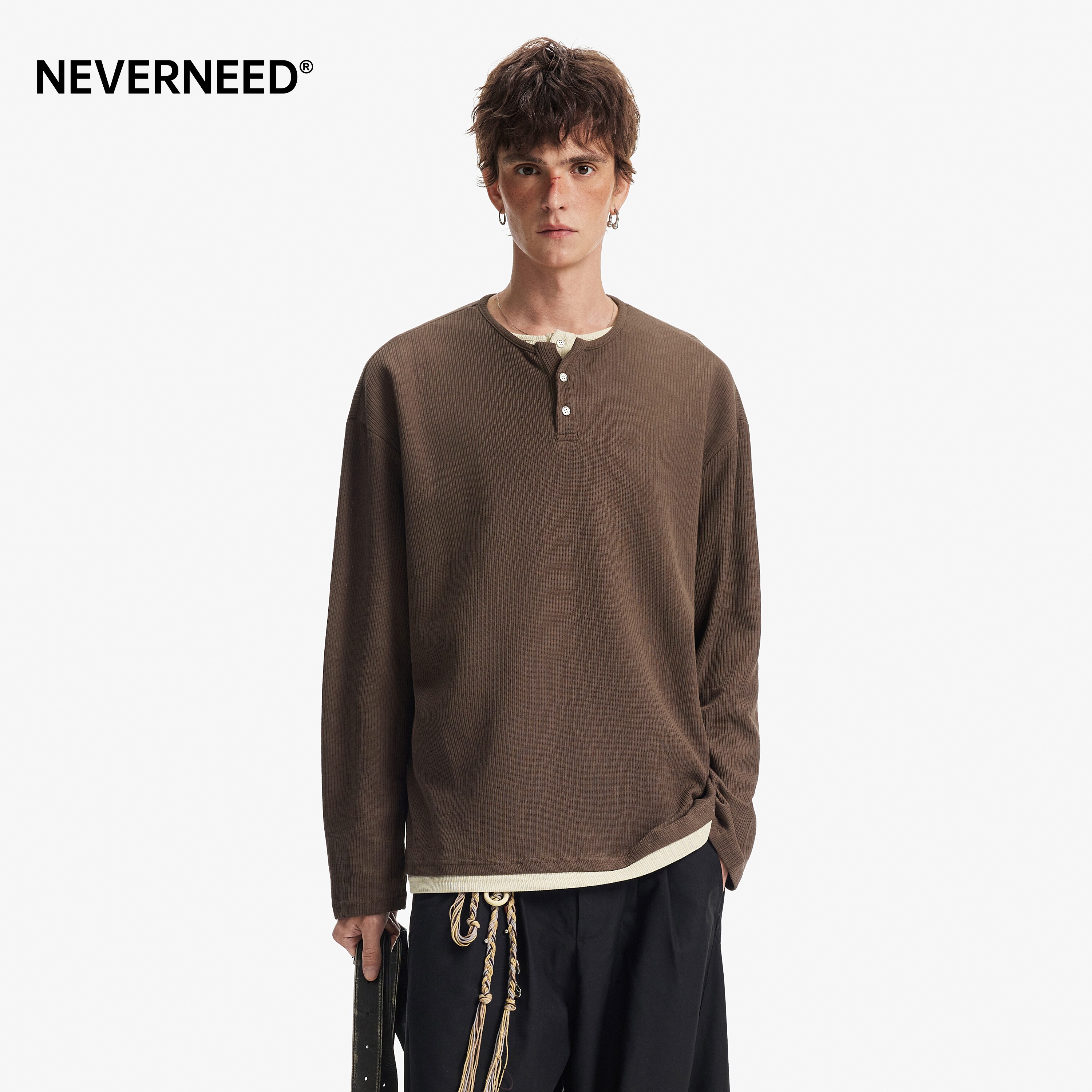 NEVERNEED假两件亨利领长袖T恤男图片