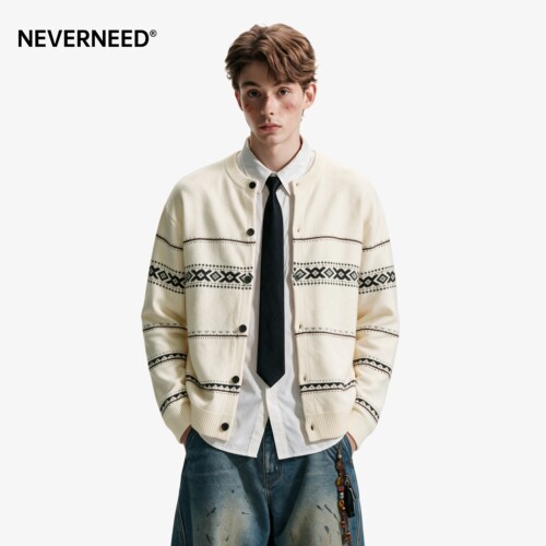 NEVERNEED费尔岛提花圆领毛衣男