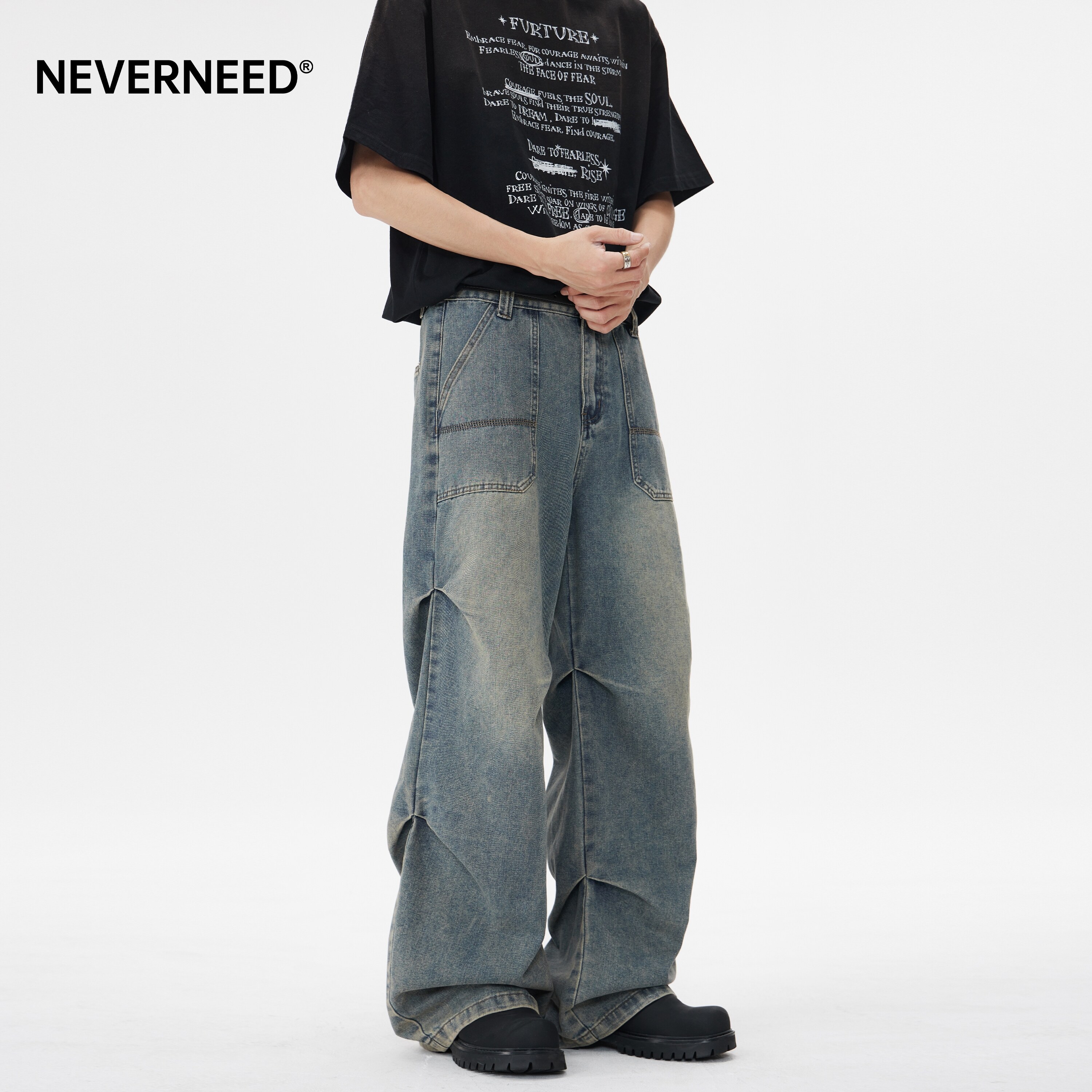 NEVERNEED美式潮牌直筒牛仔裤男图片