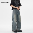 阔腿裤 NEVERNEED宽松直筒牛仔裤 复古褶皱做旧水洗工装 美式 男秋季