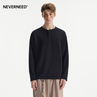 NEVERNEED黑色条纹亨利领卫衣男女春季美式cleanfit休闲简约上衣