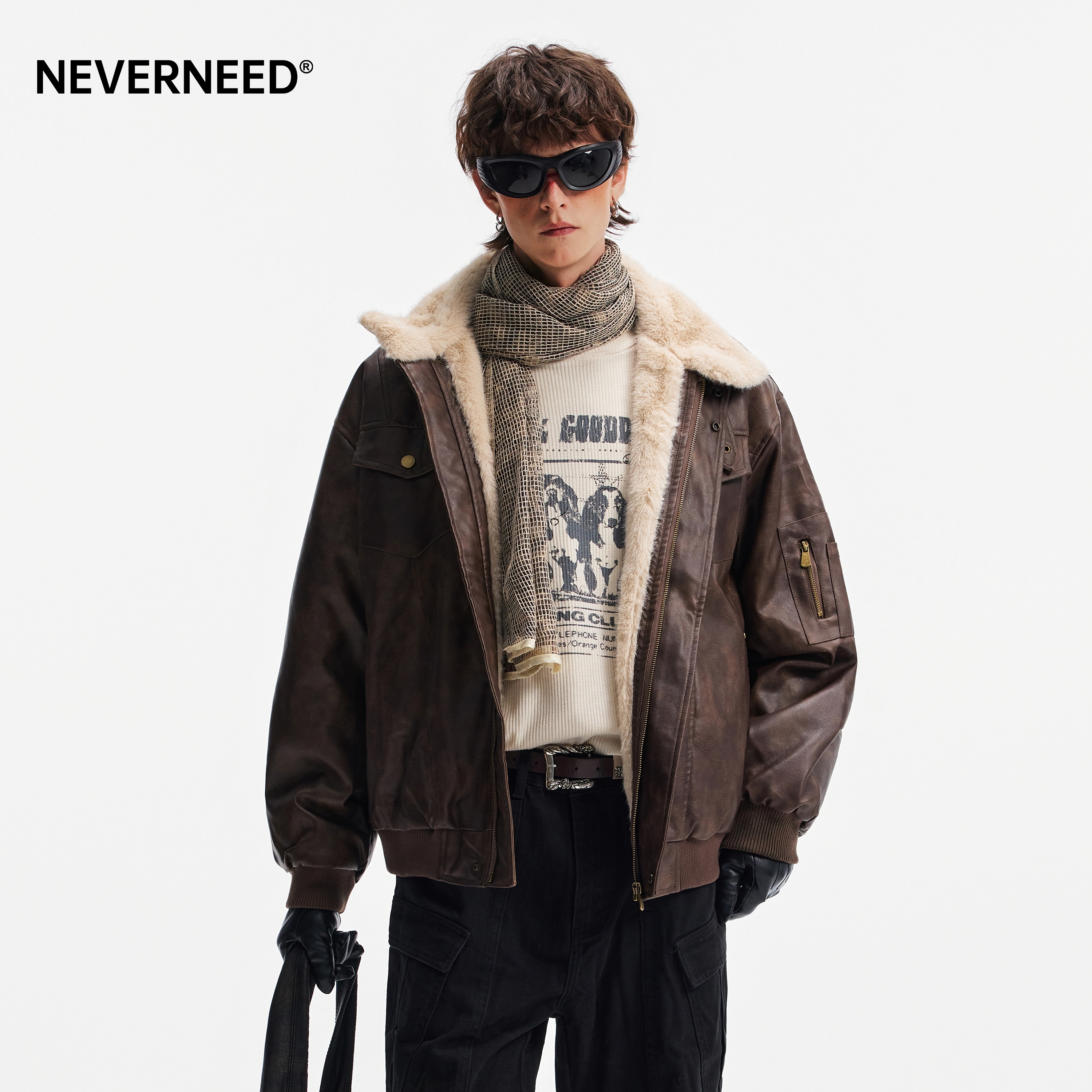 NEVERNEED羊羔毛拼接PU皮棉衣男女秋冬季美式复古机车保暖棉服潮