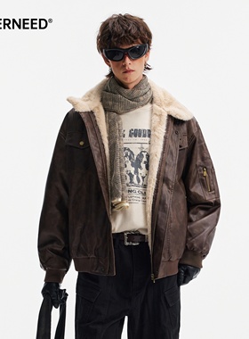 NEVERNEED羊羔毛拼接PU皮棉衣男女秋冬季美式复古机车保暖棉服潮