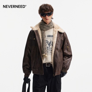 NEVERNEED羊羔毛拼接PU皮棉衣男女秋冬季 复古机车保暖棉服潮 美式