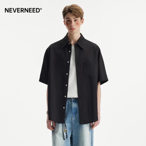 NEVERNEED莱赛尔短袖翻领衬衫男