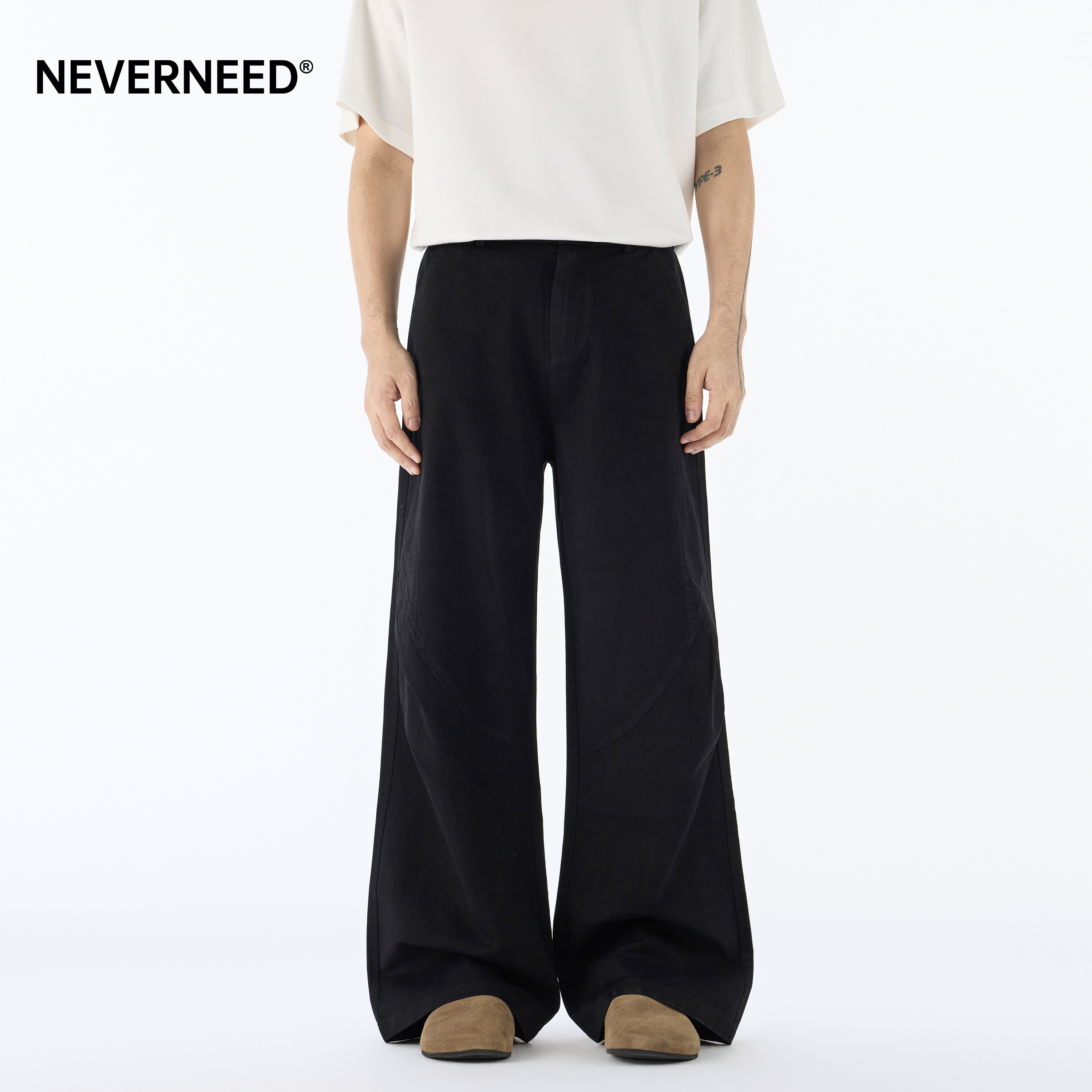 NEVERNEED黑色解构拼接休闲裤男图片