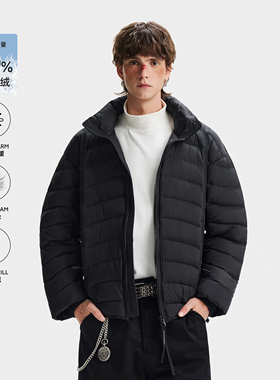 NEVERNEED黑色排骨立领羽绒服男女冬季美式廓形轻薄保暖情侣外套