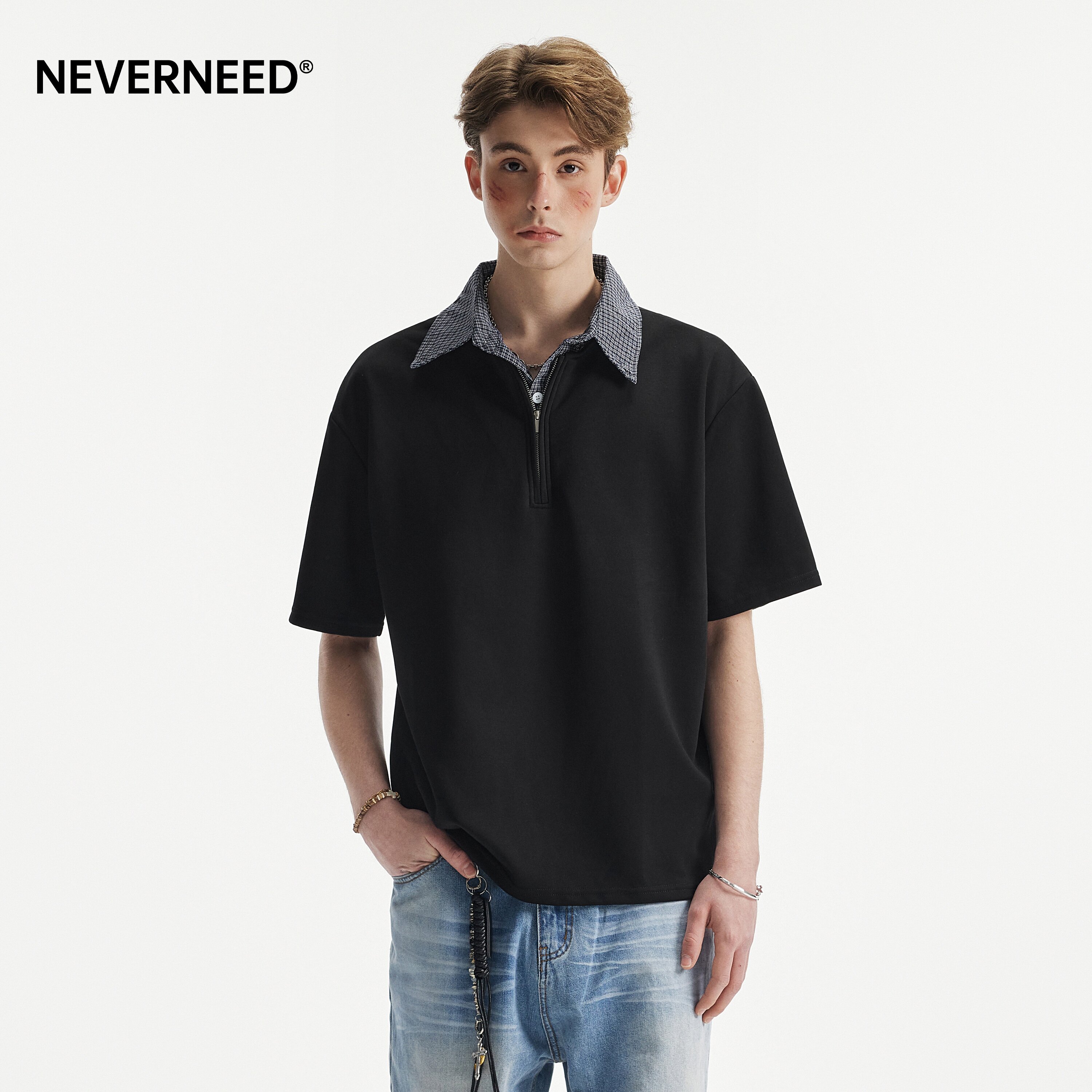 NEVERNEED假两件格子翻领T恤男图片