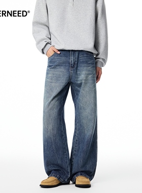 NEVEREEED蓝色宽松直筒牛仔裤男女秋季美式水洗做旧阔腿微喇长裤