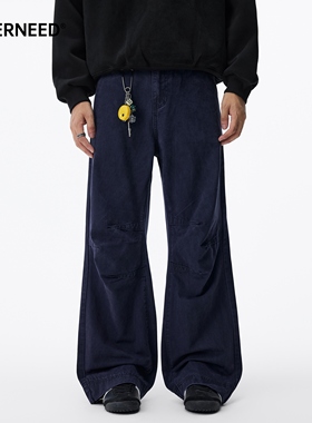 NEVERNEED纯色休闲裤男女秋季美式复古vintgae拼接打皱宽松阔腿裤