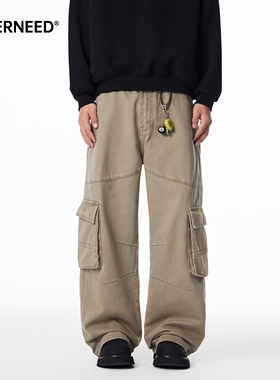 NEVERNEED宽松直筒休闲裤男女秋季美式复古多口袋做旧工装A字裤