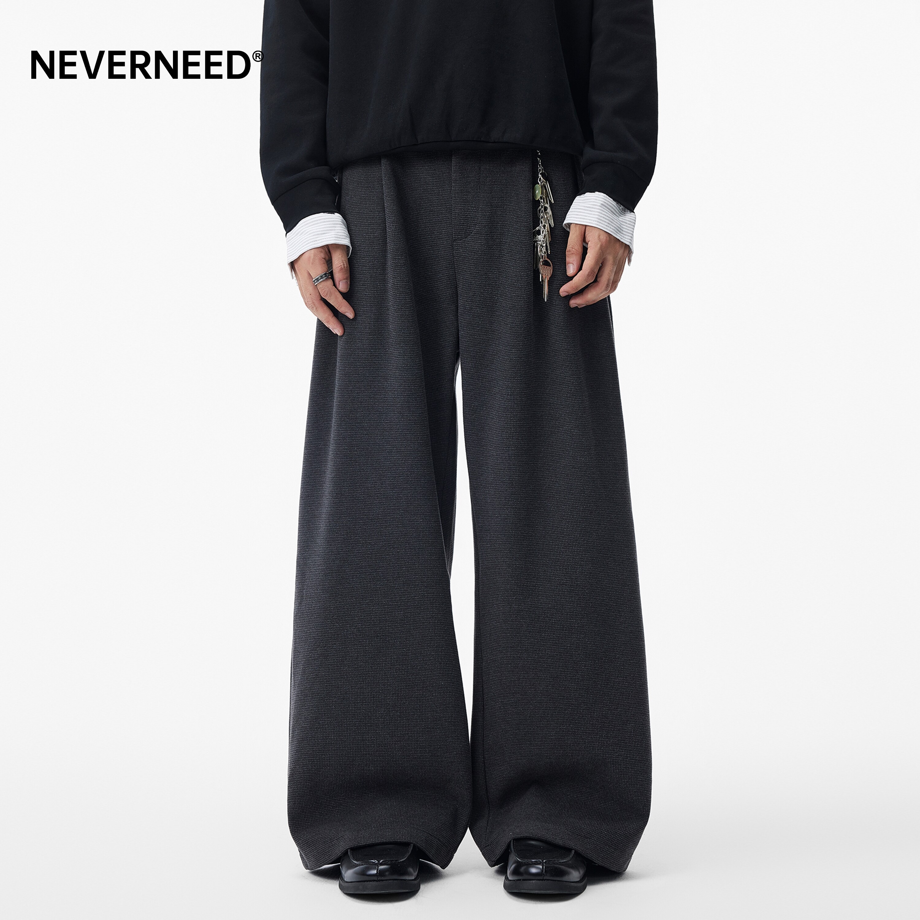 NEVERNEED美拉德毛呢休闲西裤男女秋季美式复古老钱风垂感直筒裤