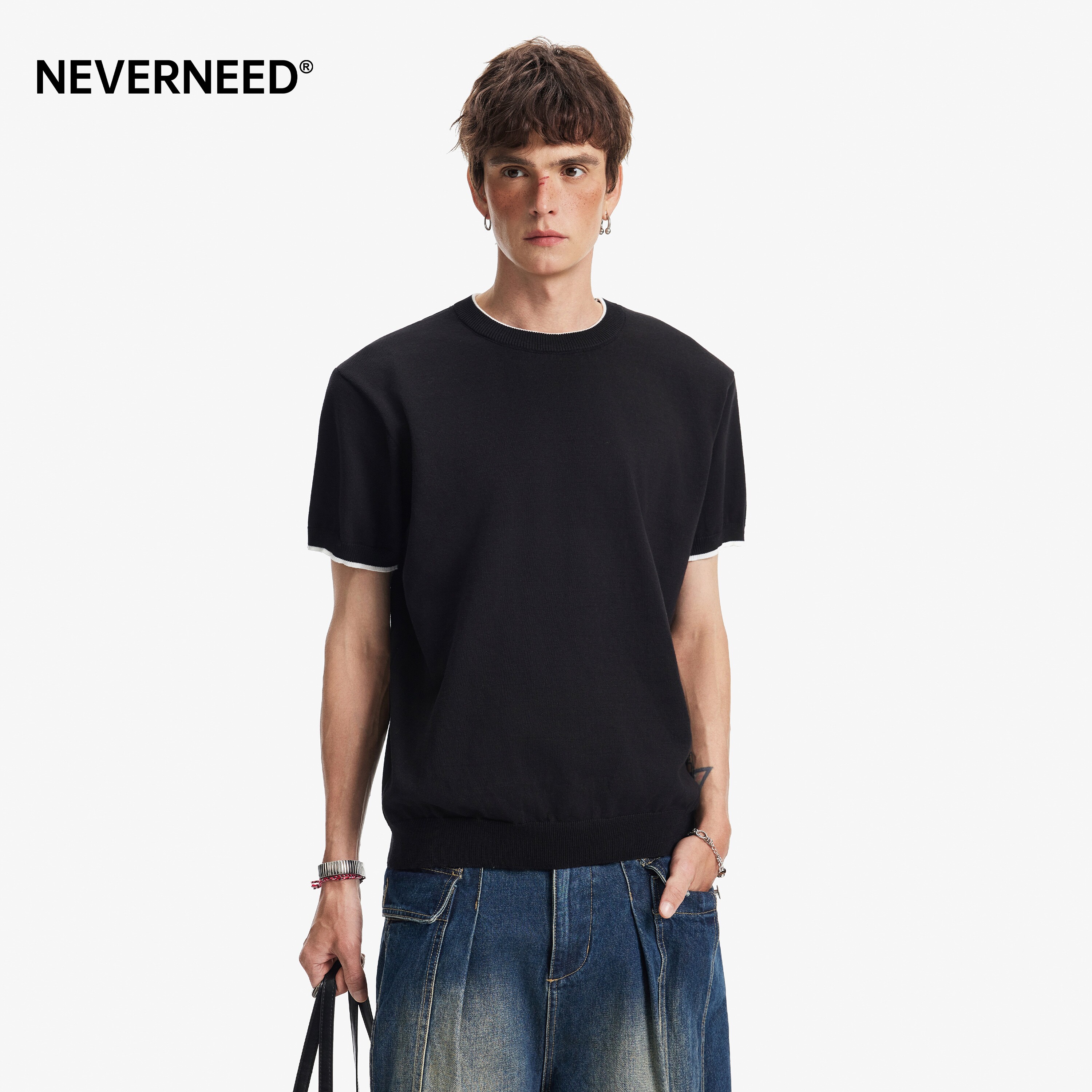 NEVERNEED美式cleanfit针织T恤男图片