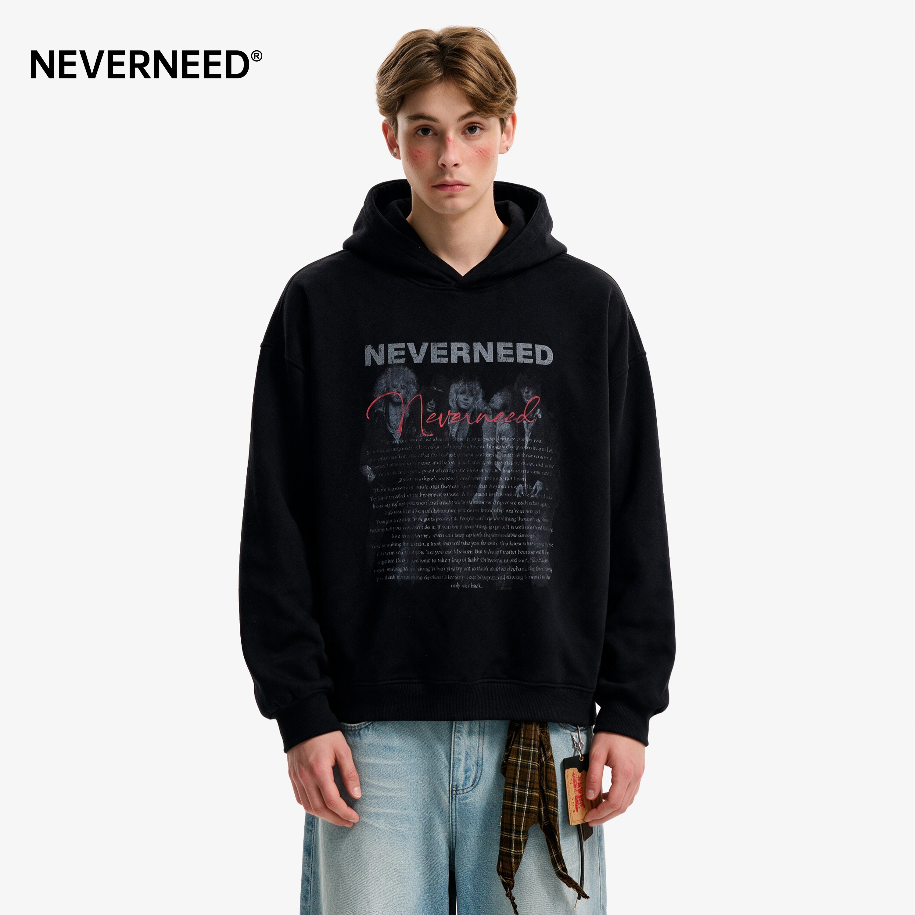 NEVERNEED字母印花连帽卫衣男女秋季美式复古boxy短宽套头帽衫潮