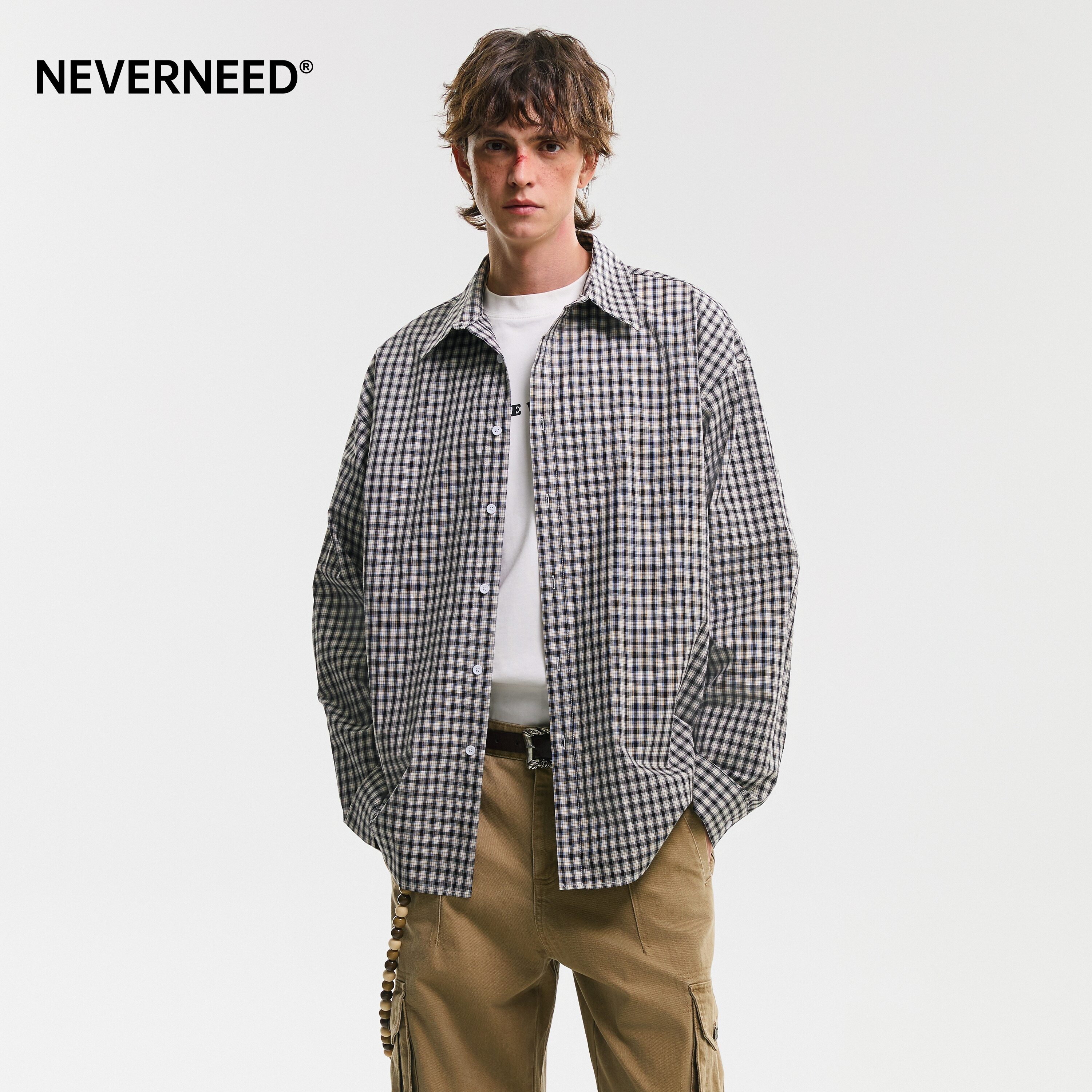 NEVERNEED黑色格子翻领衬衫男图片