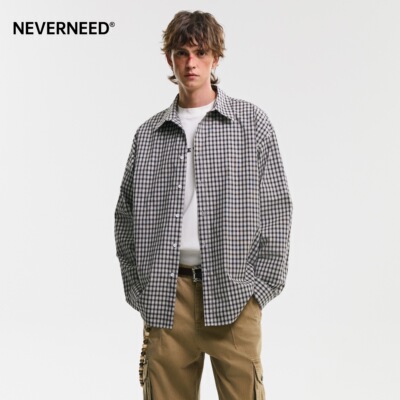 NEVERNEED黑色格子翻领衬衫男