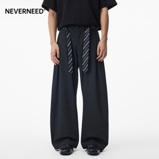 潮牌垂感褶皱阔腿裤 美式 男女冬季 NEVERNEED复古毛呢腰带休闲西裤