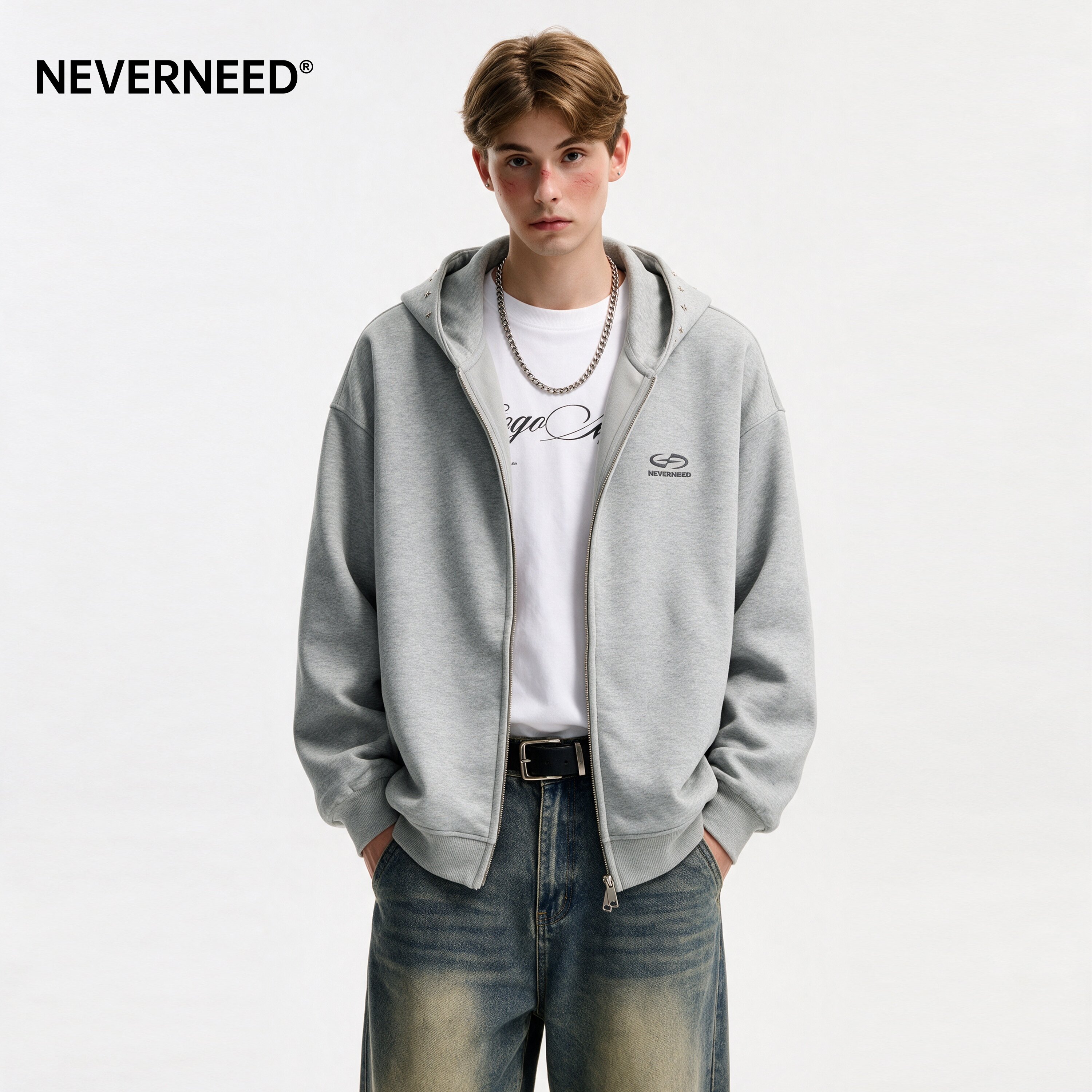 NEVERNEED双拉链连帽卫衣男女秋图片