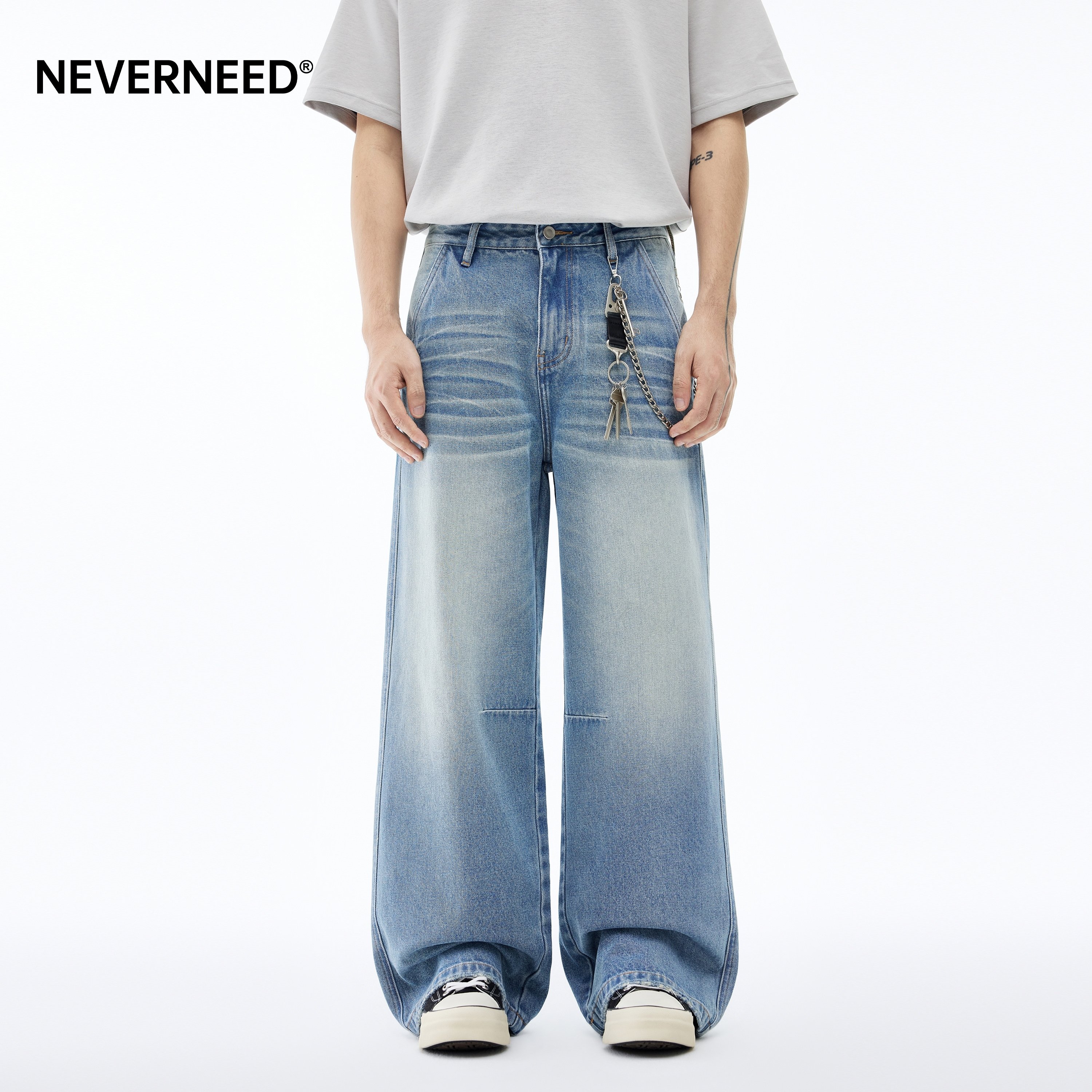 NEVERNEED猫须水洗直筒牛仔裤男女春季美式复古cleanfitA字阔腿裤,男装,牛仔裤,淘宝优惠券,粉丝福利购,淘宝优惠卷