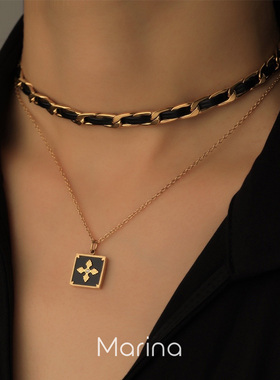 香风项链暗黑系牛皮choker项圈 镀18K真皮颈圈锁骨编织绳锁骨链女