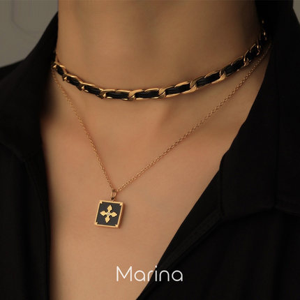 香风项链暗黑系牛皮choker项圈 镀18K真皮颈圈锁骨编织绳锁骨链女