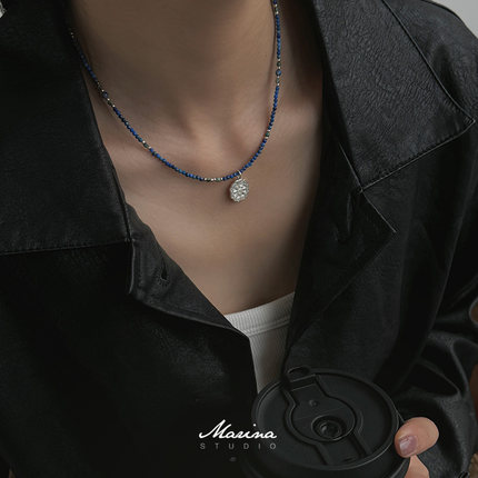 Marina｜天然极细青金石山鬼花钱吊坠项链 s925纯银新中式串珠女