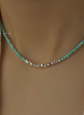 天然高瓷绿松石三角碎银子项链