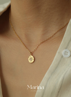 复古法式北极星八芒星硬币项链 ins博主同款铜镀18k金女小众高级