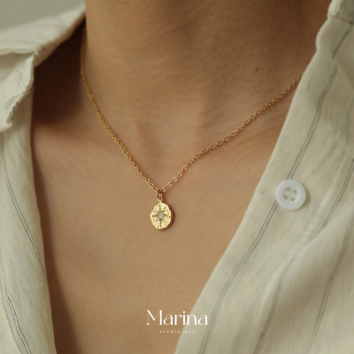 复古法式北极星八芒星硬币项链 ins博主同款铜镀18k金女小众高级