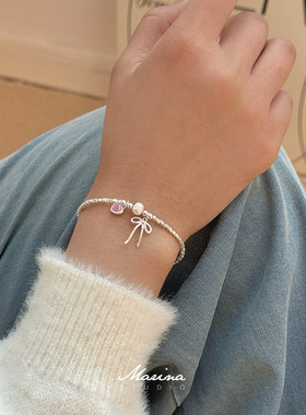 通体s925纯银粉色爱心蝴蝶结碎银子手链 甜美少女心手串天然珍珠