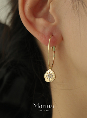 复古法式【北极星】六芒星大耳圈素圈金币耳环925银针小众设计感