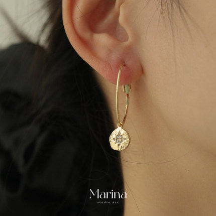 复古法式【北极星】六芒星大耳圈素圈金币耳环925银针小众设计感