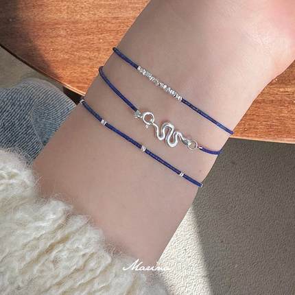 极细1mm天然进口阿富汗青金石新中式显白手串珠 s925纯银手链叠戴