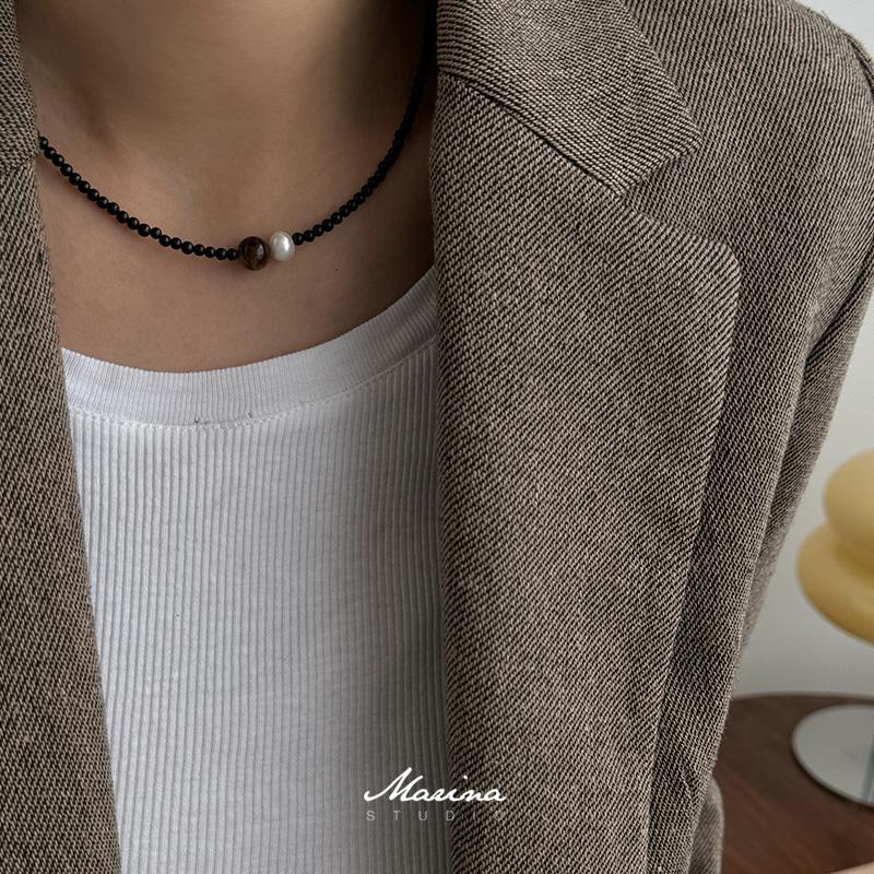 天然珍珠虎眼石混搭黑玛瑙项链