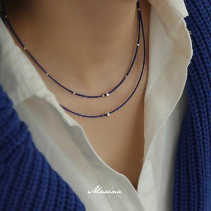 克莱因蓝极细1mm天然帝王青金石串珠项链 925银叠戴锁骨链手工女