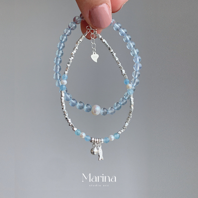 夏天的入口｜天然海蓝宝碎银子手作串珠手链通体s925纯银叠戴手串