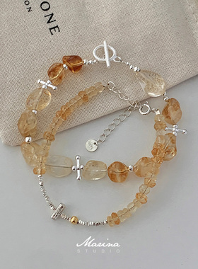 老钱风 | 小众设计感天然黄水晶碎银子手工串珠手链通体s925纯银